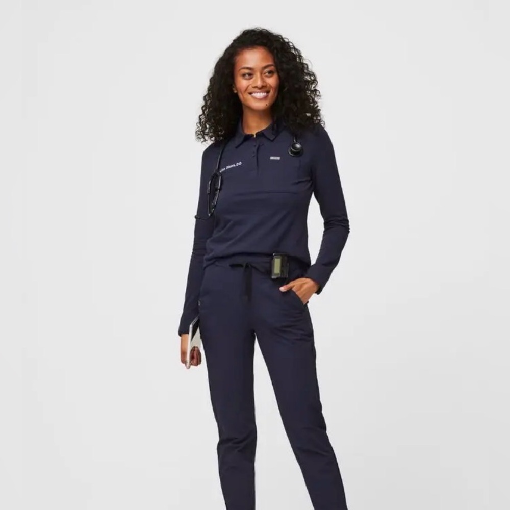 •FIGS• FIGSPRO Pique Longsleeve Polo Navy Blue Buttons